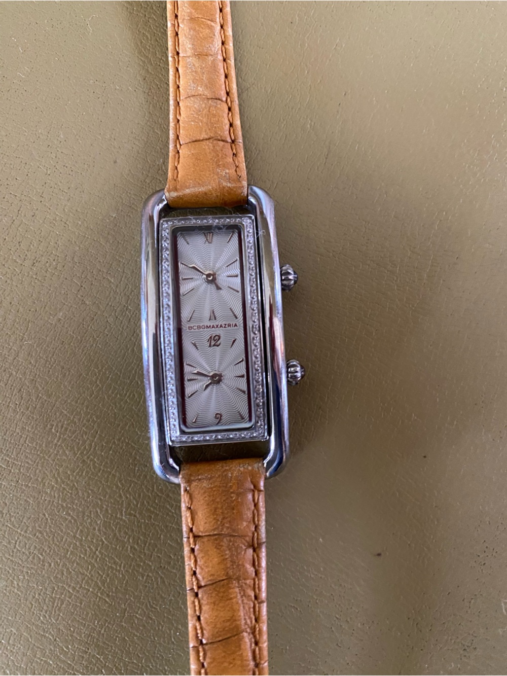 BCBGMaxAzria Silver-Tone Dual Dial Watch with Tan Strap